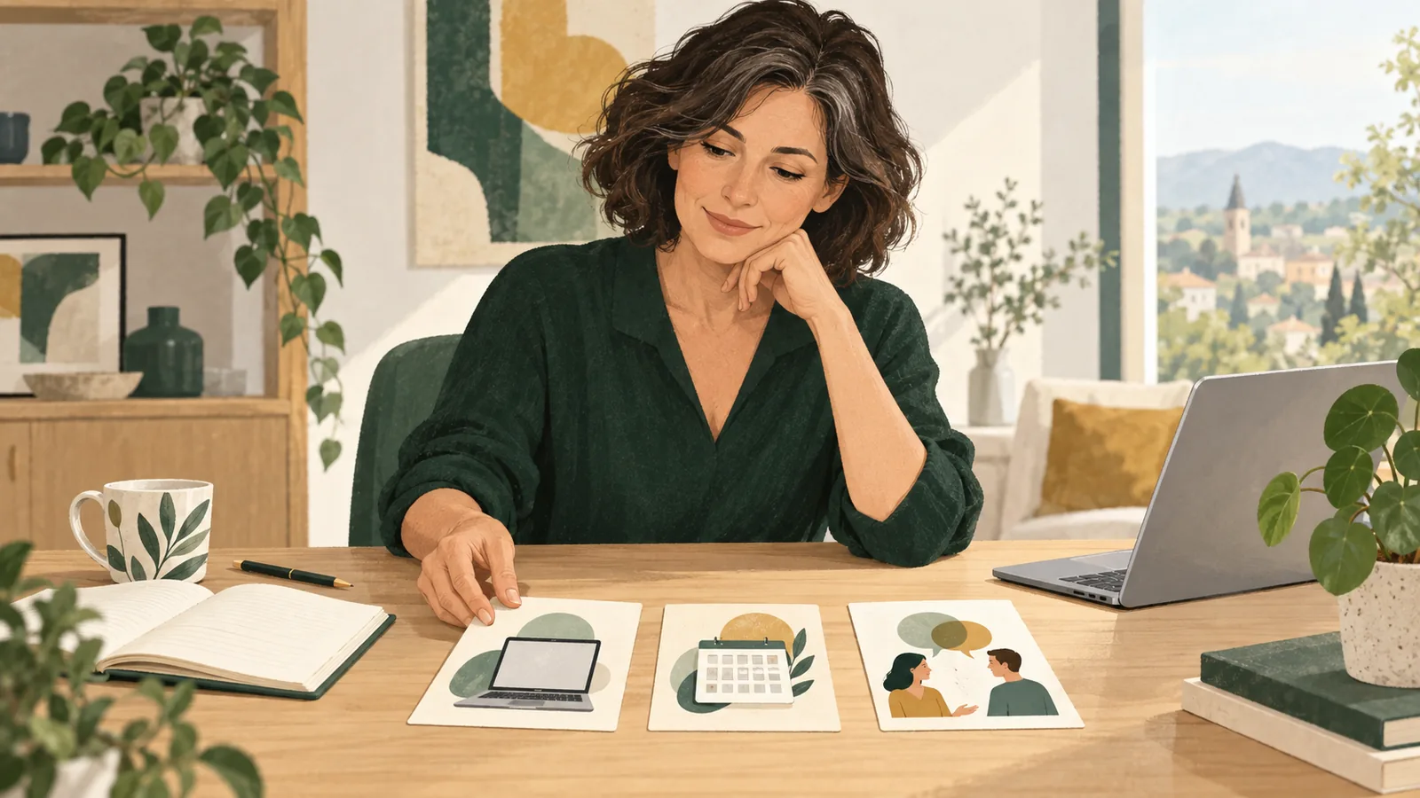 Illustration d’une femme comparant des parcours selon les compétences, le calendrier et l’accompagnement.